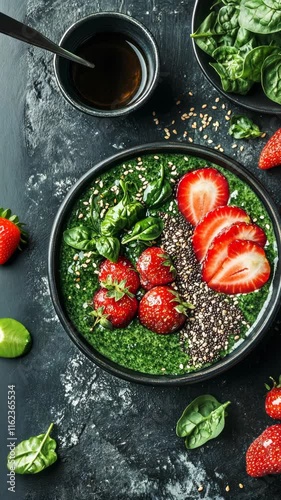 Wallpaper Mural Healthy green smoothie bowl topped with fresh strawberries, chia seeds, and spinach on a dark countertop Torontodigital.ca
