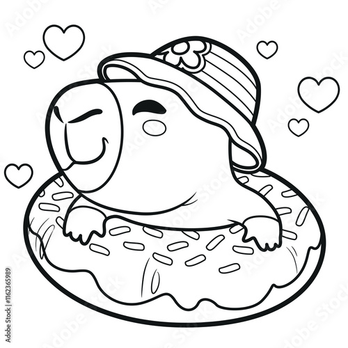 Cute cartoon capybara wearing a panama hat and floating on an inflatable ring outlined for coloring page on white background
