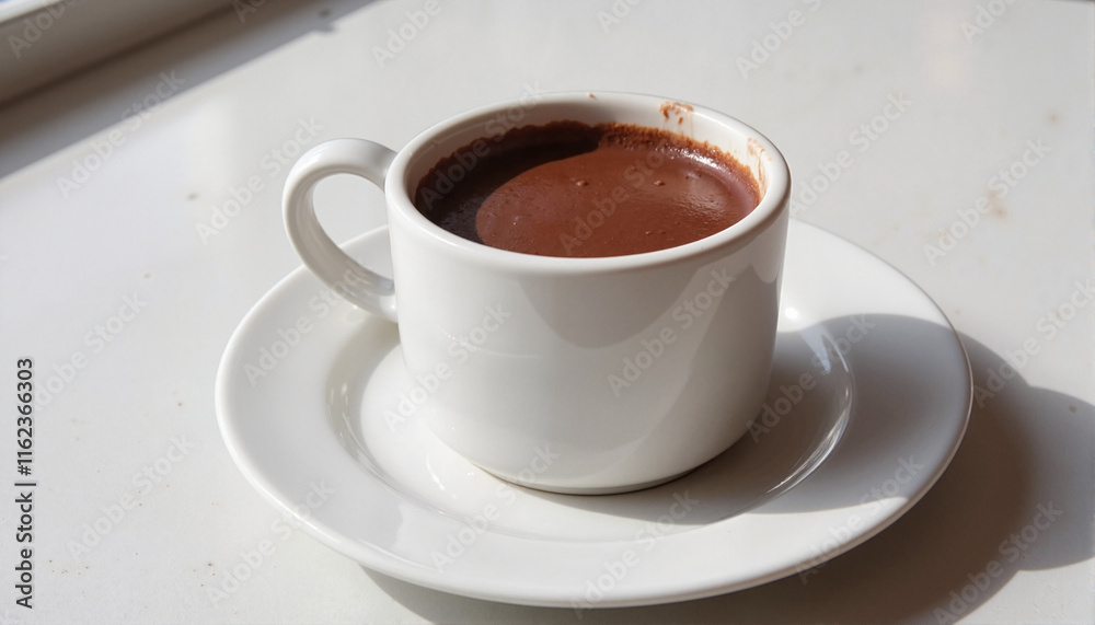 Hot chocolate in white cup on minimalistic surface