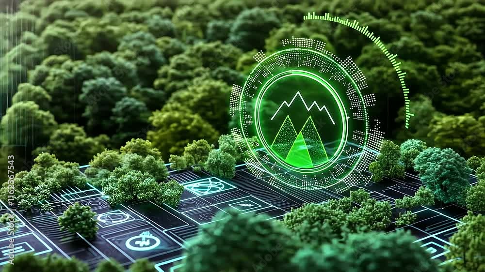 Green Forest with CO2 Reduction Meter Showing Decreasing Levels