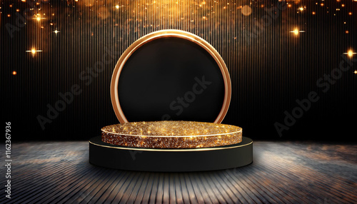 Elegant Black and Gold Glitter Stage Podium photo