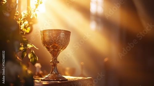 Ornate golden chalice in sunlit church. (2) photo