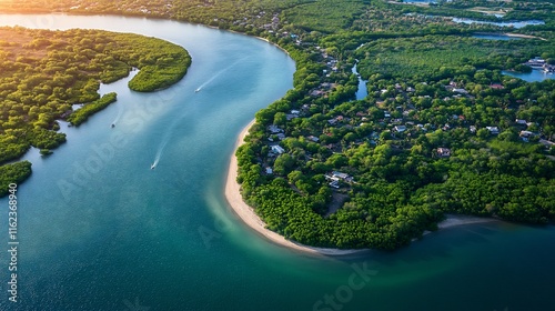 Wallpaper Mural Aerial view of river meeting ocean, lush green tropical landscape. Torontodigital.ca