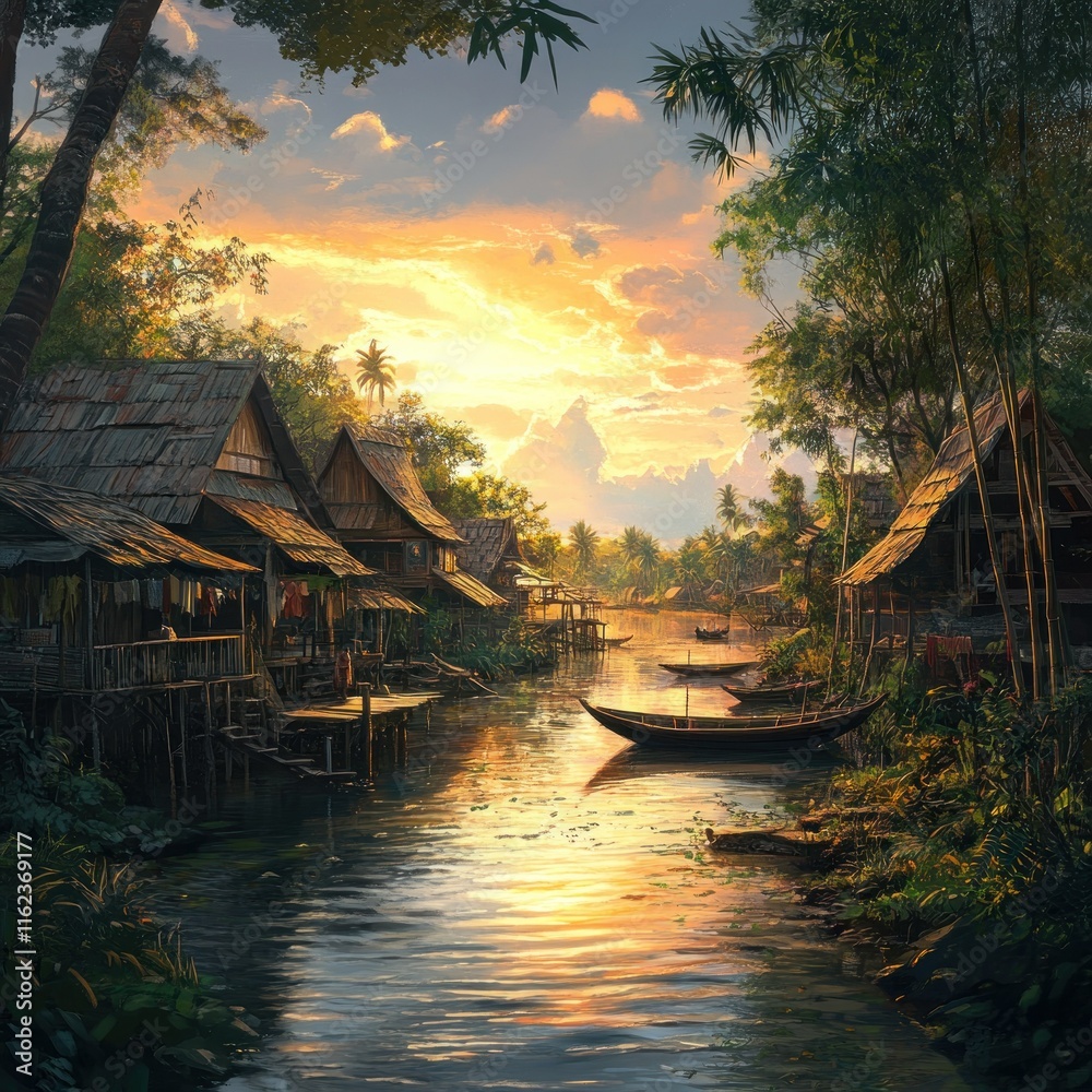 Fototapeta premium Serene riverside village at sunset with lush surroundings.