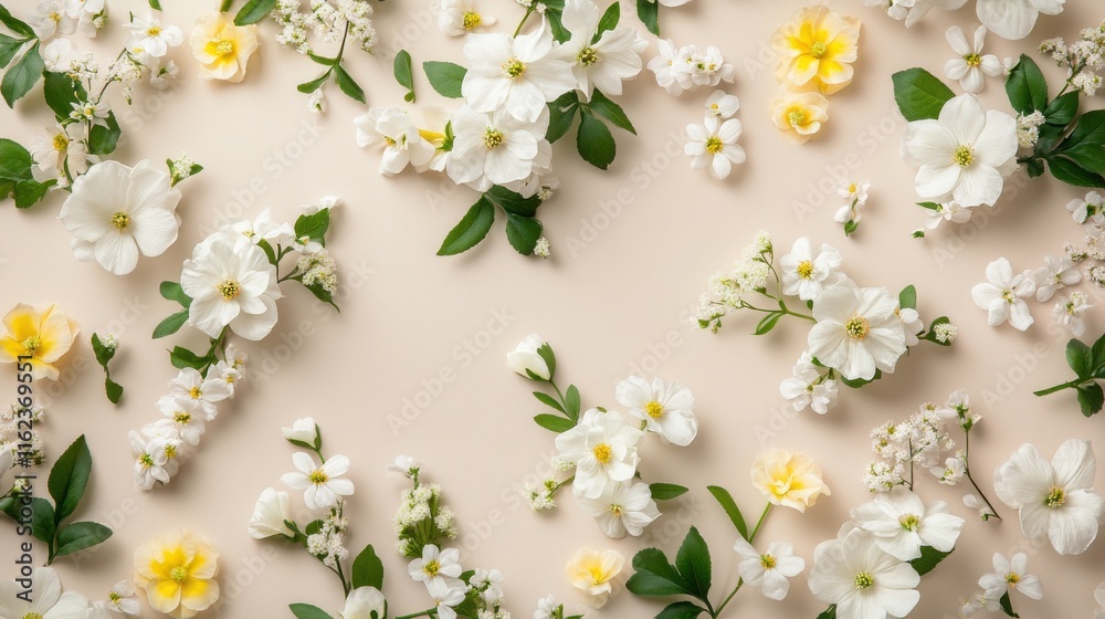 White and yellow blooms with green accents on taupe background