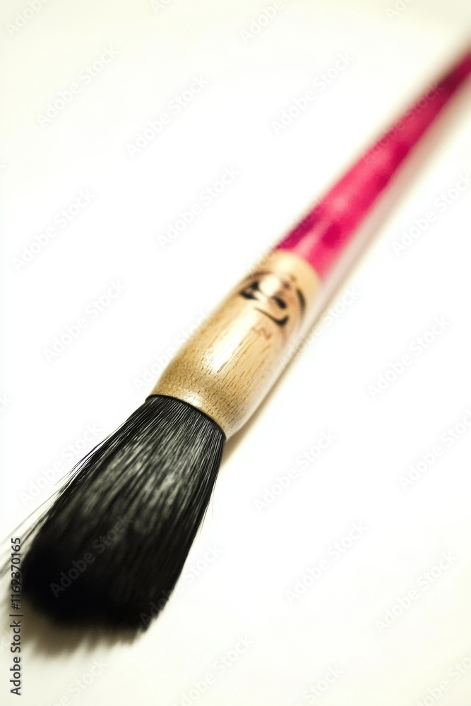 A single Japanese calligraphy brush resting horizontally on a clean white surface. The brush has a polished wooden handle and bristles with a slight taper. A single Japanese calligraphy brush resting horizontally on a clean white surface. The brush has a polished wooden handle and bristles with a slight taper.
