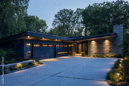 A sleek modern home with a blue siding garage and stone accents, illuminated driveway lined with solar lights