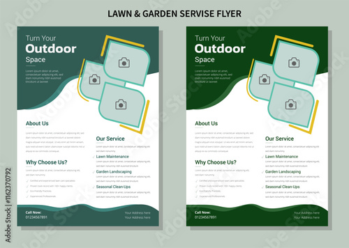 Flyer design template for lawn and gardening services. Design of a poster leaflet for gardening and tree services. Template for lawn mower flyers A relaxing watercolor depiction of a circular garden w