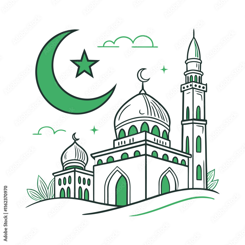Fototapeta premium Islamic Mosque and Crescent Moon, Colorful Outline Design