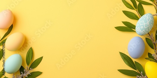 Easter eggs and green leaves framing a yellow background