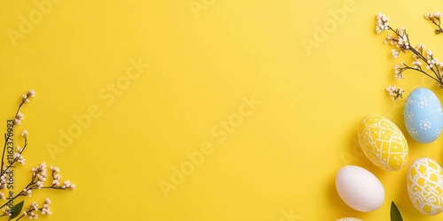 Easter eggs and white flowers creating a frame on yellow background