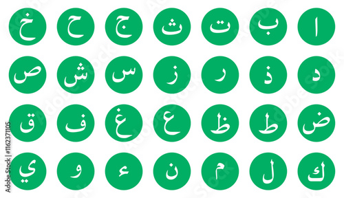 Arabic alphabet vector set in green color isolated on a white background. Arabic alphabet letters. Arabic alphabet education reading, learning. Vector illustration.