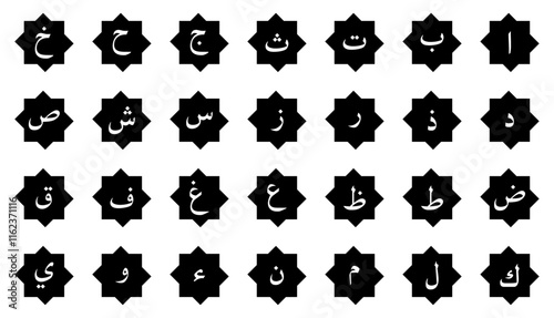 Arabic alphabet vector set in black color isolated on a white background. Arabic alphabet letters. Arabic alphabet education reading, learning. Vector illustration.
