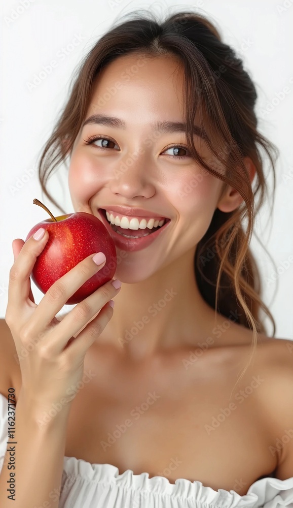 asian woman is eating fresh red apple isolated on white background asian woman is eating fresh red apple isolated on white background