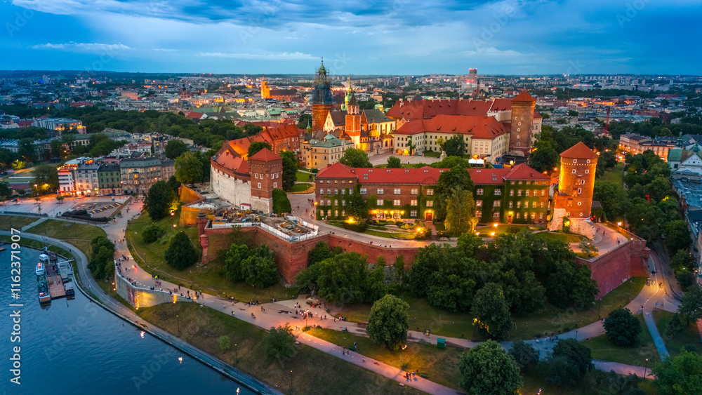 Fototapeta premium aerial view of krakow center and wawel royal castle at sunset in summer in poland