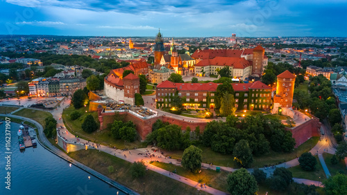 aerial view of krakow center and wawel royal castle at sunset in summer in poland
