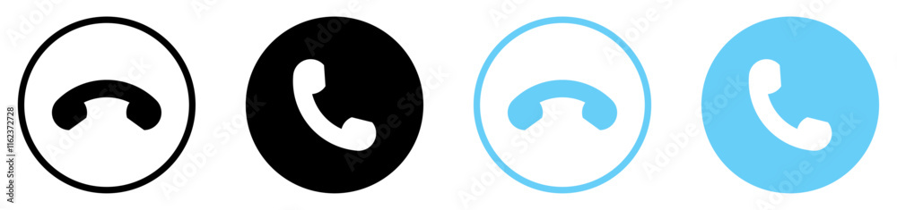 Incoming or outgoing phone call sign symbol isolated. Phone call icon answer, accept and decline call icons buttons black and blue color. Flat design. Vector illustration. Incoming or outgoing phone call sign symbol isolated. Phone call icon answer, accept and decline call icons buttons black and blue color. Flat design. Vector illustration.