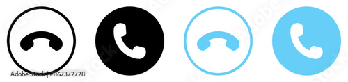 Incoming or outgoing phone call sign symbol isolated. Phone call icon answer, accept and decline call icons buttons black and blue color. Flat design. Vector illustration.