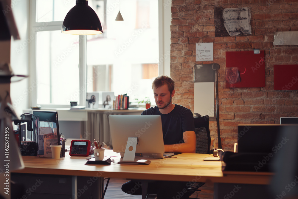 Portrait of male programmer in office. Development programmer working software and coding technology Portrait of male programmer in office. Development programmer working software and coding technology