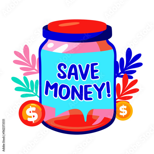 Flat sticker of a jar with the text save money and dollar coins