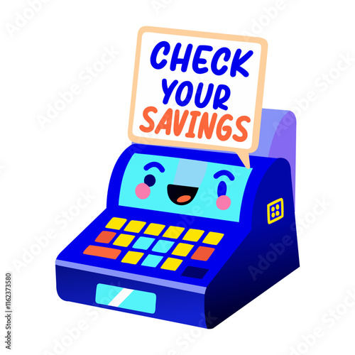 Cute till machine with text check your savings, flat sticker 