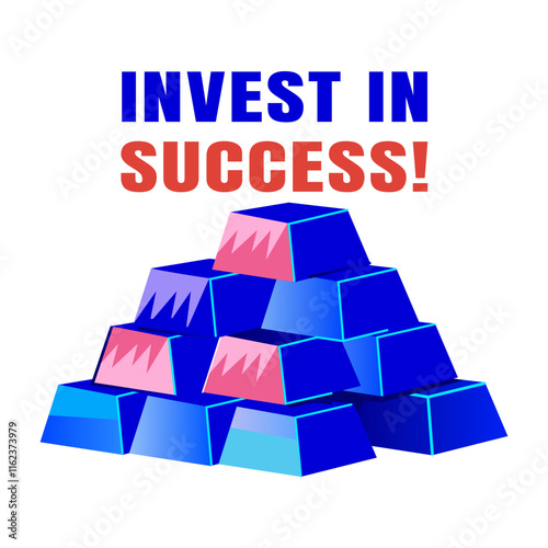 A flat sticker of a stack of gold bars with the text invest in success 
