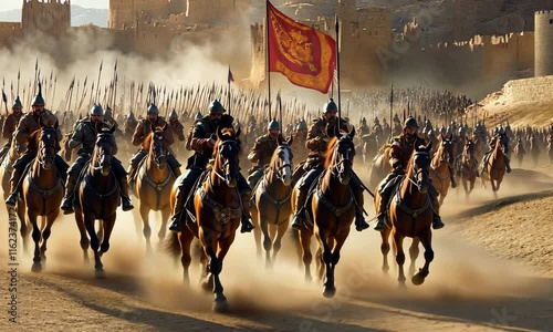 Epic Historical Cavalry Charge with Soldiers in Armor Riding Horses and Displaying Flags Against a Dramatic Landscape of Fortifications and Mountains
