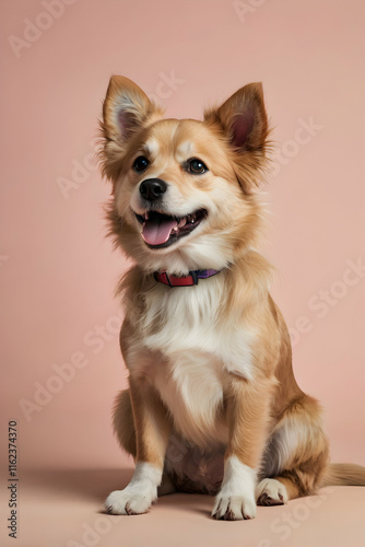 a chibi dog in a cute cartoon style, on a simple pastel background.