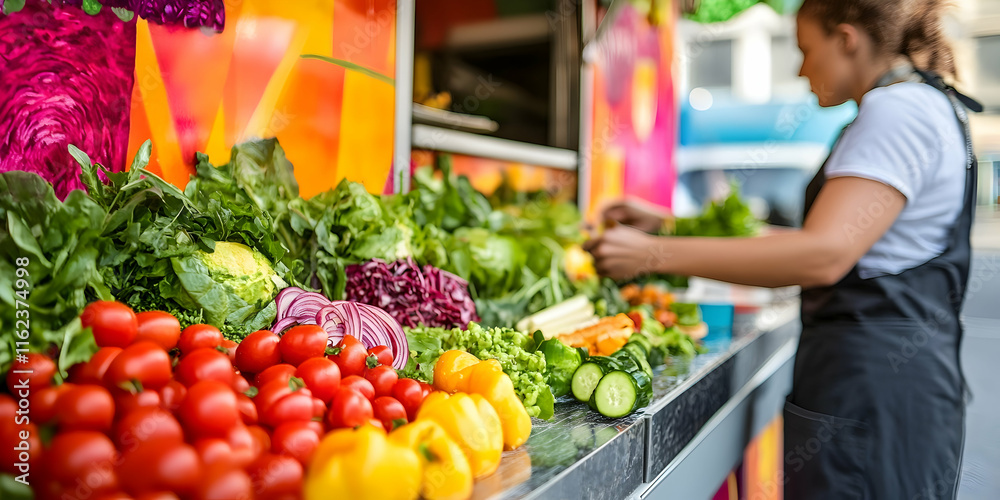 Bright food truck offering fresh salads with a vibrant display of colorful ingredients Bright food truck offering fresh salads with a vibrant display of colorful ingredients