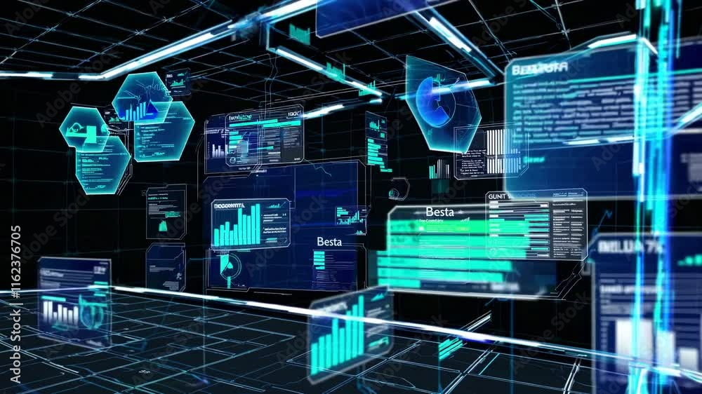 Futuristic digital interface with graphs, data analytics, and holographic displays representing advanced technology and innovation.