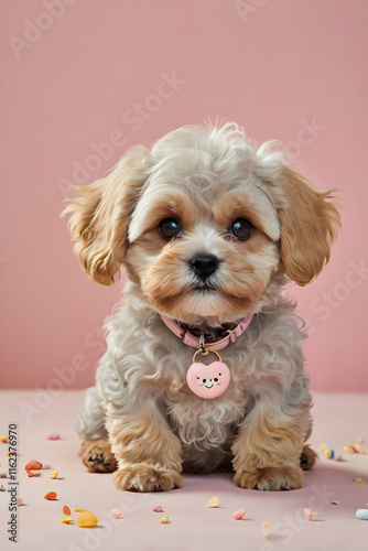 a chibi dog in a cute cartoon style, on a simple pastel background.