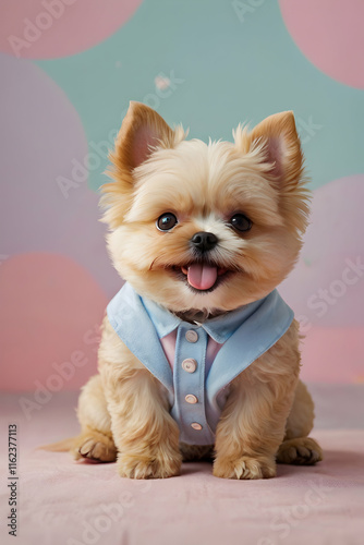 a chibi dog in a cute cartoon style, on a simple pastel background.