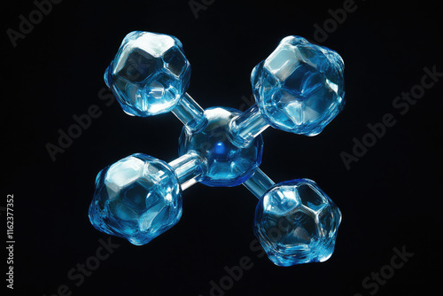 A 3D model of a molecule, showcasing its tetrahedral structure with four atoms bonded to a central atom.