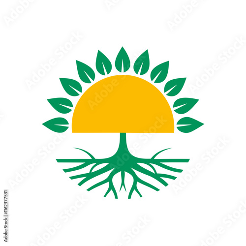 A radiant sun rising behind a tree with its roots visible below. Silhouette vector illustration