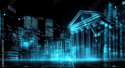 Futuristic digital bank building in a glowing cityscape at night.