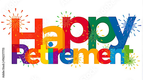 Horizontal composition of the word Retirement with bright colorful letters and fireworks on a white background. Generated by AI.