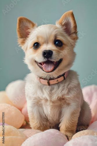 a chibi dog in a cute cartoon style, on a simple pastel background.
