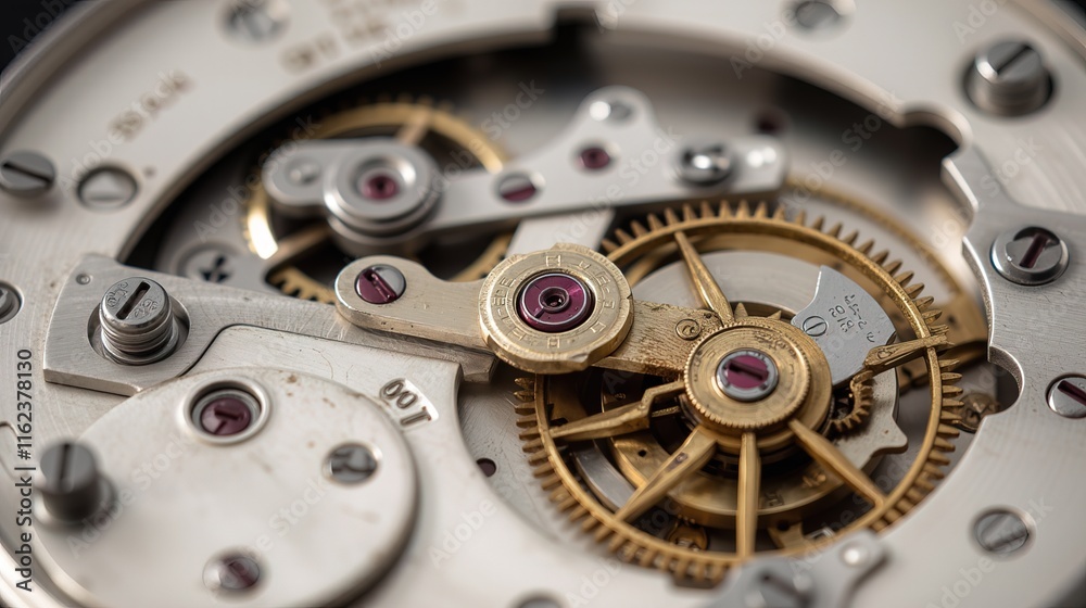 Close-up of watch mechanism with golden gears. Close-up of watch mechanism with golden gears.