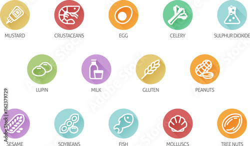 Food allergen allergy icons. include big 8 FDA Major Allergens and 14 food allergies from the EU Food Information for Consumers Regulation EFSA European Food Safety Authority Annex II