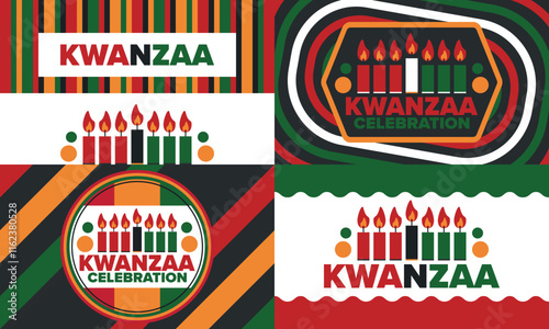 Kwanzaa Happy Celebration. African and African-American culture holiday. Seven days festival, celebrate annual from December 26 to January 1. Black history. Poster, card, banner and background. Vector