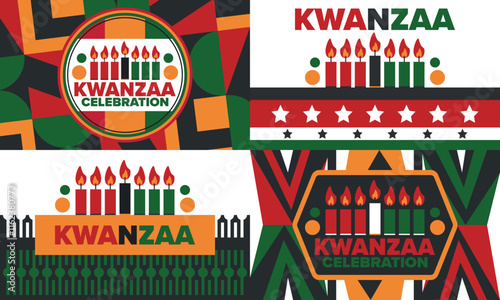 Kwanzaa Happy Celebration. African and African-American culture holiday. Seven days festival, celebrate annual from December 26 to January 1. Black history. Poster, card, banner and background. Vector