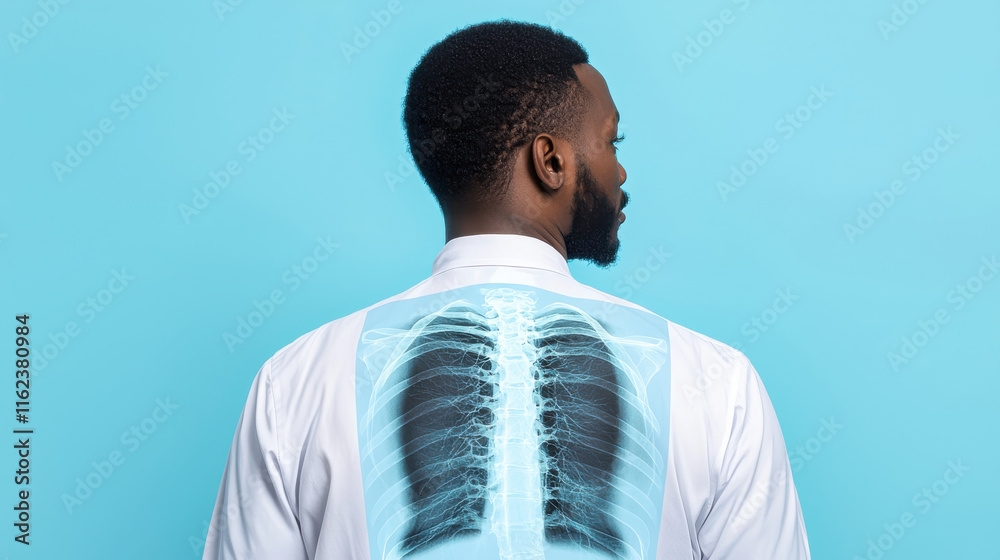 Obraz premium man in white shirt stands against blue background, with X ray image of ribcage superimposed on his back, symbolizing medical diagnostics and healthcare technology