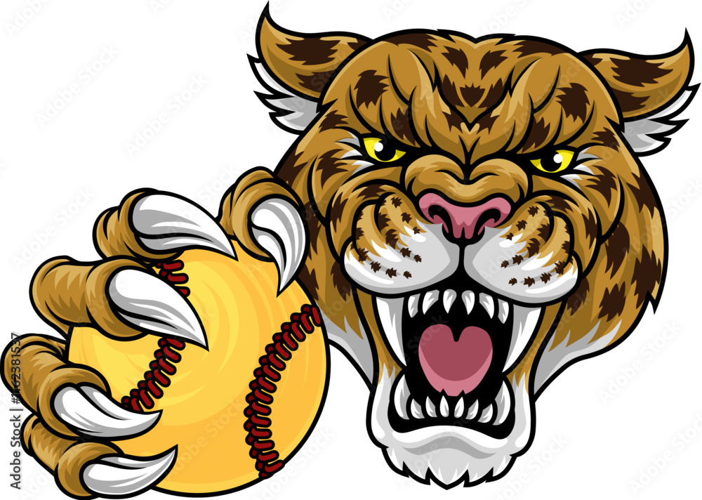A jaguar, panther, leopard or cheetah wildcat spotted cat softball team mascot holding a ball A jaguar, panther, leopard or cheetah wildcat spotted cat softball team mascot holding a ball