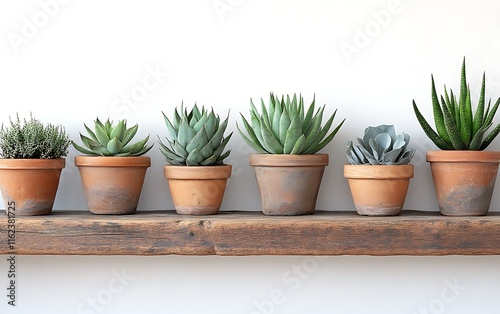 Wallpaper Mural Six succulents in terracotta pots on rustic wooden shelf against white wall. Torontodigital.ca