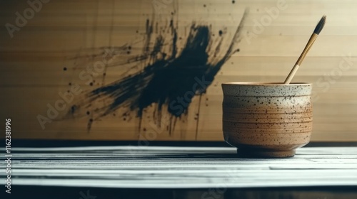 A single Japanese calligraphy brush in a ceramic holder, with an abstract black ink splash in the background. The design is minimal and balanced, with a sense of tranquility. photo