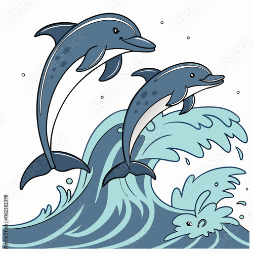 A dynamic illustration featuring two dolphins leaping in unison, set against crashing waves and sparkling ocean spray, capturing the lively spirit of the sea.
