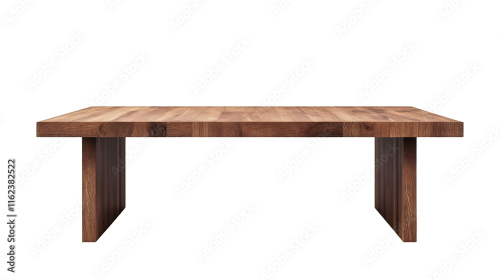 Large brown wooden table with thick legs isolated on transparent background, ideal for displaying products Large brown wooden table with thick legs isolated on transparent background, ideal for displaying products