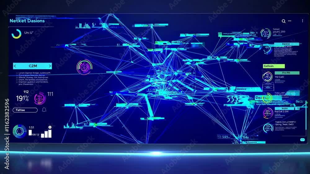 Futuristic data visualization on a digital dashboard, showcasing statistics and analytics in a high-tech environment.