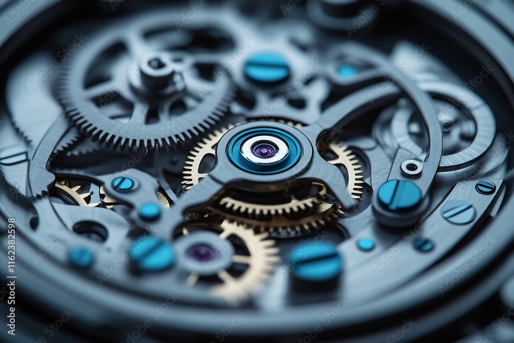 Close-up of intricate watch mechanism, gears, and components. Close-up of intricate watch mechanism, gears, and components.