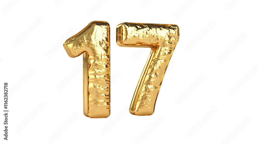 Golden number 17 gleaming, crumpled surface casting distinctive shadows, symbolizing luxury on transparent backdrop Golden number 17 gleaming, crumpled surface casting distinctive shadows, symbolizing luxury on transparent backdrop